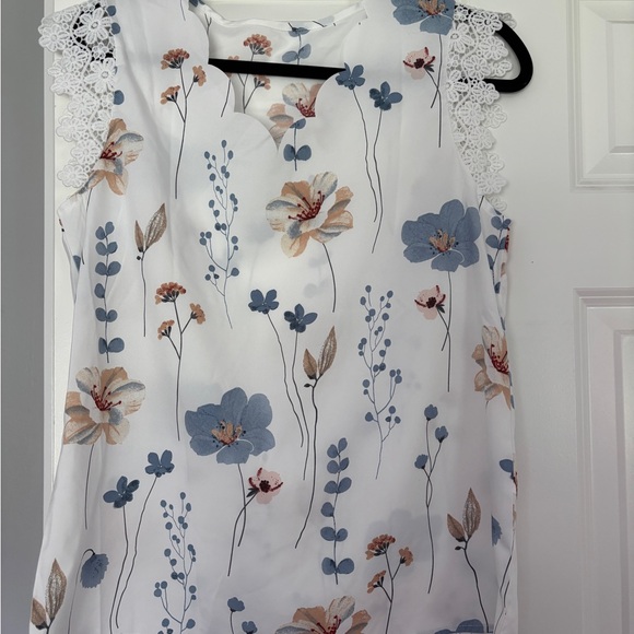 Floral Sleeveless Top - White and Blue - Picture 1 of 3